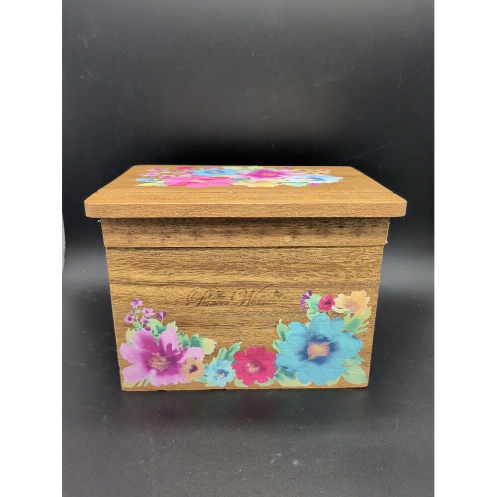 Pioneer Woman Breezy Blossom Acacia Wood Recipe Card Box With Cards Cottage